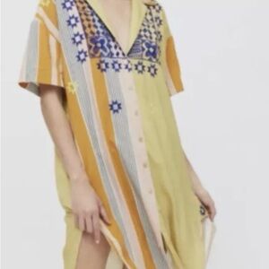Urban Outfitters Yellow & Blue Printed embroidered Midi Dress resort vacation